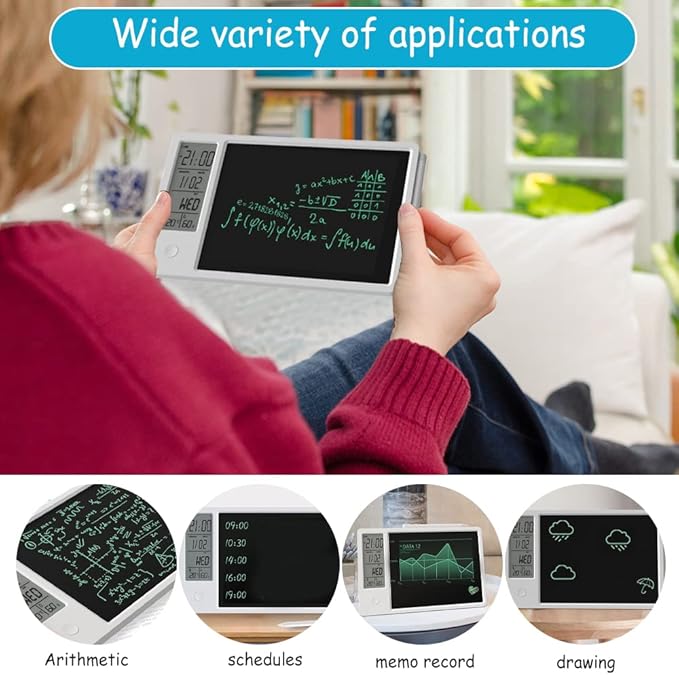Electronic Desktop Calendar Rechargeable Writing Notepad with Digital Clock Date Time Week Indoor Temperature Display 9.5inch Drawing Pad for Office Home Business(White)