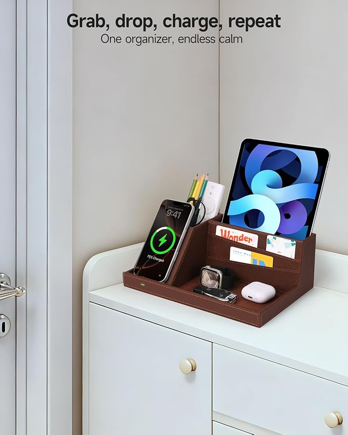 Fast Wireless Charging Station with Desk Organizer for iPhone 17/16/15/15 Pro/14/14 Pro Max/14 Pro/14 Plus/13/13 Pro Max/13 Pro/and iPhone 12/11 Series, Nightstand Desktop Organizer, Brown