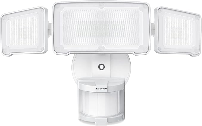 LEPOWER LED Security Lights Motion Sensor Light Outdoor, 38W 4200LM Light, 5500K, IP65 Waterproof, 3 Head Detected Flood Light for Garage, Yard, Porch (White)