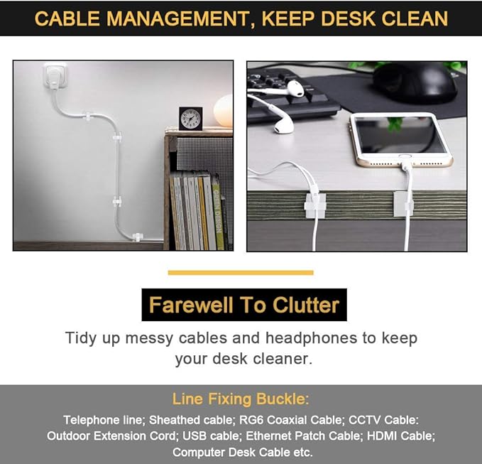 Cable Clips Self with 3M Adhesive Cord Organizer, Wire Holder Clamp Management Sticky for Desk Car Dash Cam Tables Wall, White 50pcs