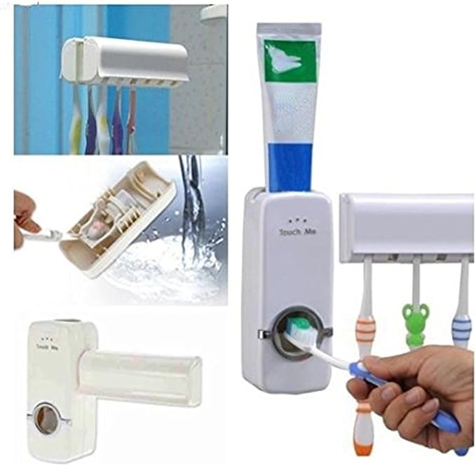 Toothpaste Dispenser + 5 Toothbrush Holder Set Wall Mount Stand