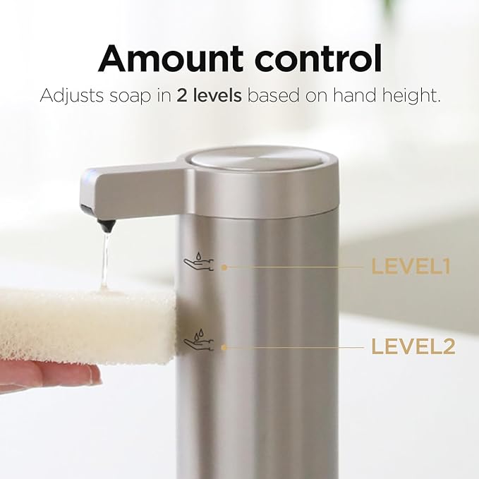 mooas Automatic Liquid Soap Dispenser Stainless Steel Touchless Hands Free Soap Dispenser 2 Levels Adjustable Waterproof Motion Sensor Electric Dish Soap Dispenser for Kitchen Bathroom (Rechargeable)
