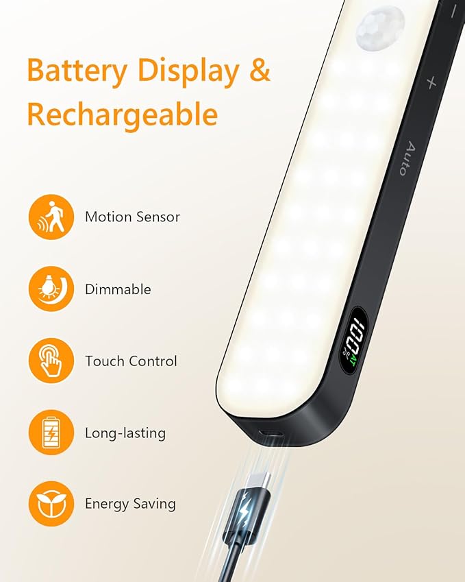 Ferswe Closet Lights Rechargeable, Battery Level Display, Dimmable Battery Powered Lights, 3000K Motion Sensor Light Indoor, 60 LED Touch Light for Kitchen, Closet, Shelf(4 Pack)