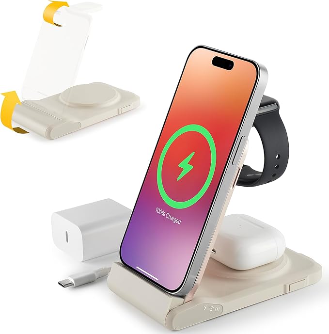 3 in 1 Charging Station for Multiple Devices,Travel Wireless Charging Station, Foldable Charger for iPhone 17 Air 16 15 14 13 12 Series,& Android Phone,& iWatch (USB-C Adapter Included)