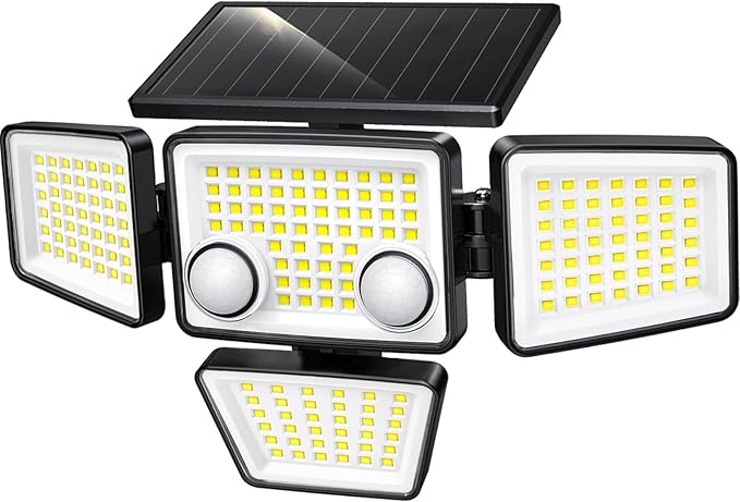 LYWALT Solar Outdoor Lights - 3000LM 188 LED Motion Sensor Outdoor Lights, 4 Heads IP65 Waterproof Powered Security Flood Lights, 270°Wide Lighting Angle Wall Light with Sensors for Backyard Yard