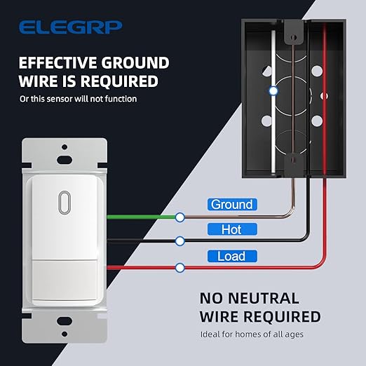 ELEGRP Single Pole Occupancy Motion Sensor Light Switch, PIR Infrared Motion Activated Switch, Need Grounding Wire, No Neutral Wire, for CFL/LED/Incandescent, with Plate, UL(2 Pack, Matte White)