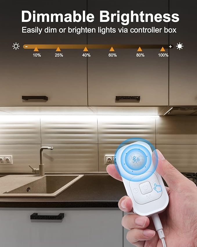 Motion Sensor LED Strip Light - Cabinet Strip Lights with 24W Plug, Dimmer, and Timing, 9.84ft for Under Cabinet, Kitchen, 6000K ColdWhite