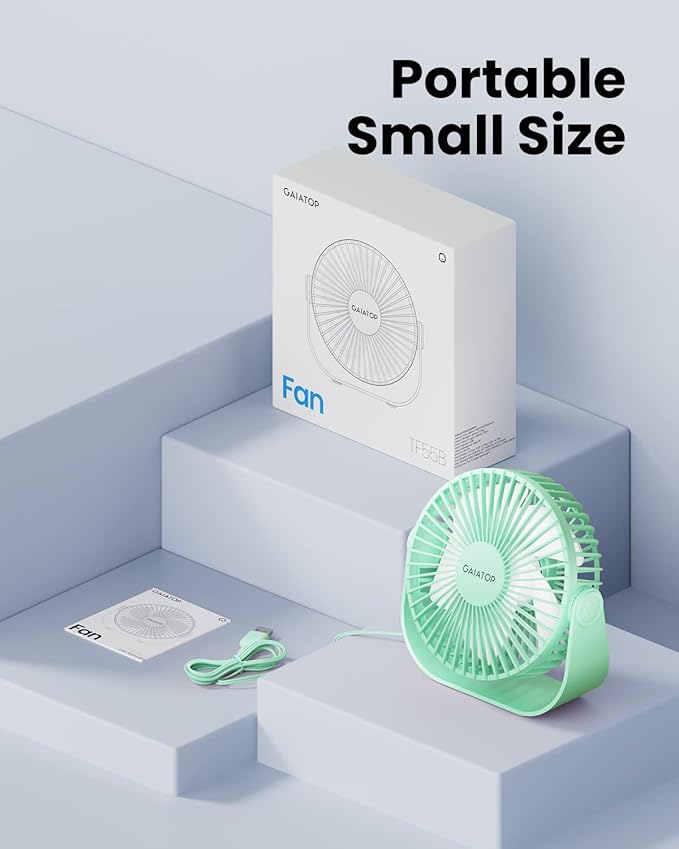 Gaiatop USB Desk Fan, 3 Speeds Strong Airflow, 5.5 Inch Portable 90° Rotate Quiet Cooling, Small Personal Table Fans for Bedroom Home Office Travel Green