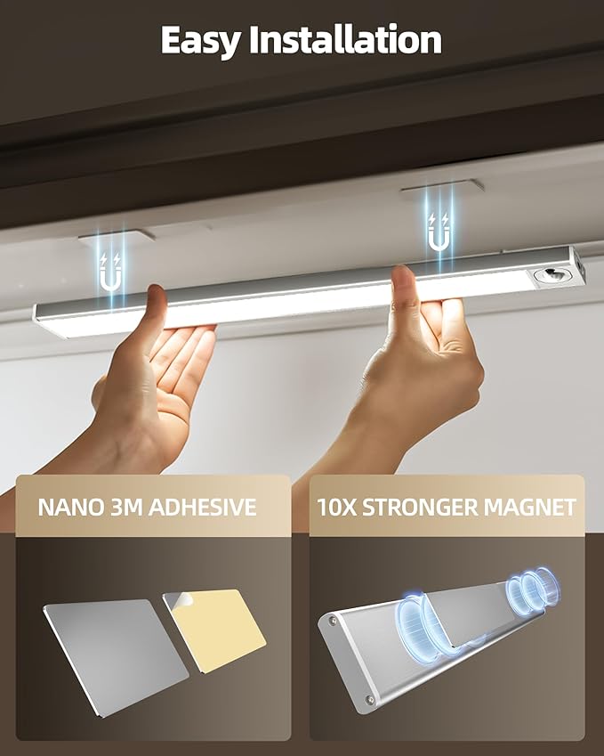 4Pack 16inch Under Cabinet Lighting, Rechargeable Motion Sensor Light Wireless Indoor, Dimmable 3 Color Temps Closet Lights, Under Counter LED Lights for Kitchen, Stairs