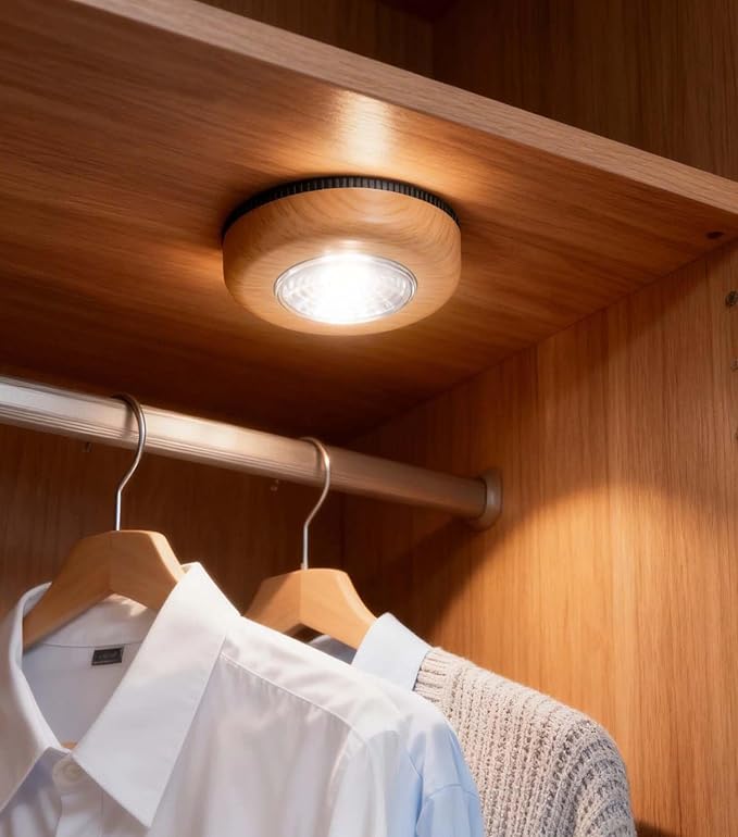 Small Push Light, 6 Pack Under Cabinet Lights Battery Powered, Wood Look LED Touch Light, Wireless Puck Lights Stick On for Kitchen, Wardrobe, Closet