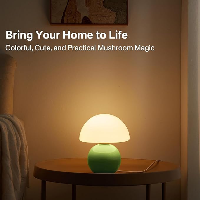 Dawnwake Mushroom Lamp Table Lamp for Bedroom,Desk Bedside Small Lamps for Living Room Night Stands,Mushroom Decor Cute Mini Modern Mid Century Lamps,Unique Aesthetic Home Living Room Decor(Green)