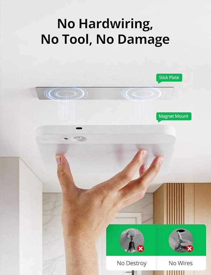 Bojim Rechargeable Remote Control Battery Operated Motion Sensor Ceiling Light Indoor, Brightness Dimmable 3 Colors No Wiring Magnetic Overhead Shower Lighting for Closet Bedroom Pantry Garage