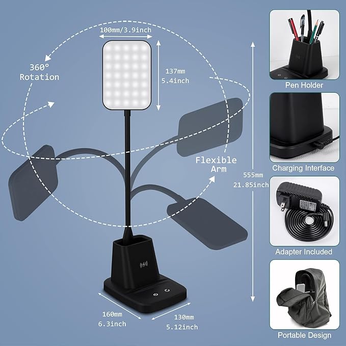 Desk Lamp, LED Desk Lamps for Home Office, Wireless Charger Small Desk Lamp with Pen Holder, 3 Color Modes, Dimmable, CRI 85, 800LM, Study Lamps for College Dorm Room, Adapter Included, Black
