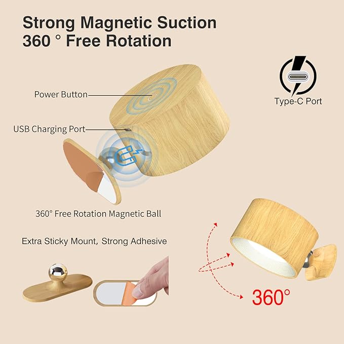 Deyagoo LED Wall Sconce, Wall Mounted Lamp with Rechargeable Battery Operated USB Port 3 Color Temperature & 3 Brightness Level 360°Rotate Magnetic Ball, Cordless Light for Reading Bedside-Wood