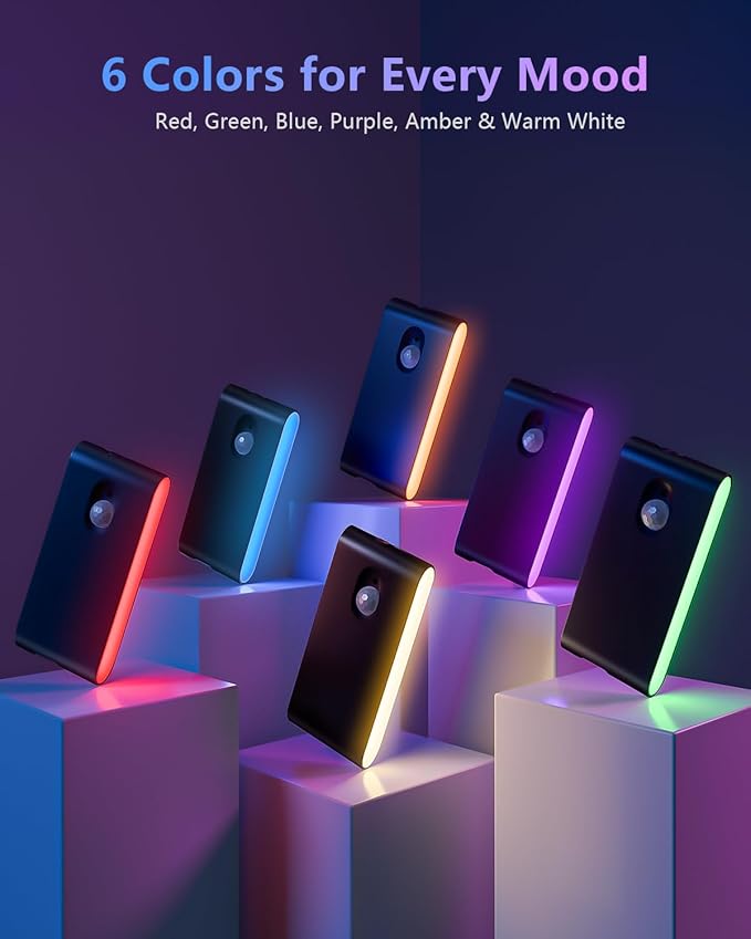 WILLED Rechargeable Night Light, RGB & Warm White Stair Lights Indoor, Color Changing Motion Sensor Light Indoor, Motion Sensor Night Light for Stair,Hallway,Bathroom,Cabinet,Closet,Kitchen,6 Pack