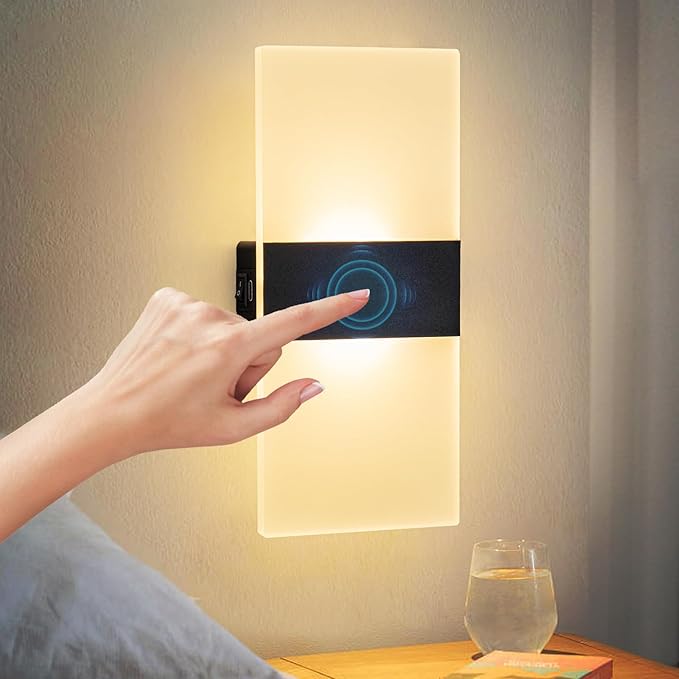 Wall Sconce Battery Operated Set of 2, 4000mAh Rechargeable Wall Lights with Touch Control, Wireless Wall Lamps for Bedroom, Night Lights for Hallway Stairway Porch Closet