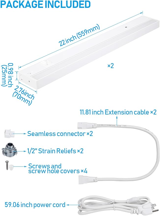 TORCHSTAR LED Under Cabinet Lighting 3CCT, 22 Inch 14W 960LM, Hardwired & Plug-in, Hand Wave Motion Sensor, CRI90 120V ETL Dimmable Under Counter Lights for Kitchen, White Aluminum Housing, Pack of 2