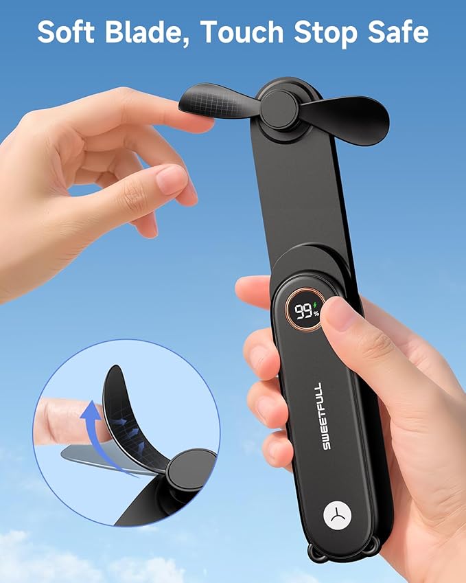 SWEETFULL Portable Handheld Mini Fan with LED Display, 3-in-1 Personal Foldable USB Rechargeable Hand Held Fan & Flashlight for Travel, Lash Eyelash, Cute Small Pocket for Women, Girls
