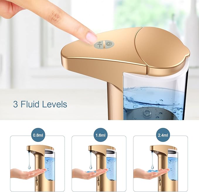 370ml Touch-Free Battery Operated Electric Automatic Liquid Soap Dispenser - Adjustable Soap Dispensing Volume - Premium Soap Dispenser for Kitchen Bathroom Toilet (Golden)