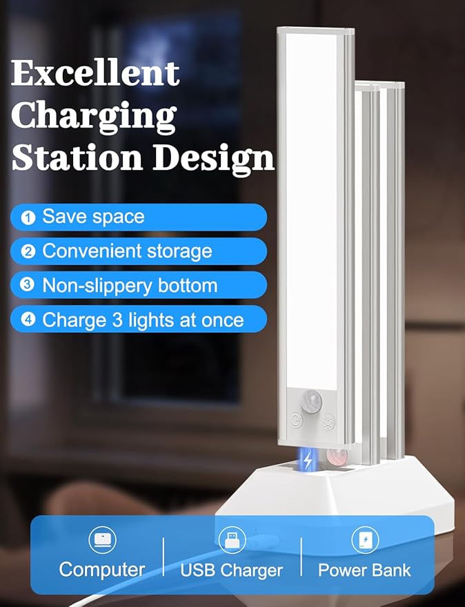 2000mAh Rechargeable Motion Sensor Light Indoor, Under Cabinet Lighting with Charging Station, 3 Color Tempers Dimmable Closet Lights Wireless, Magnetic Under Cabinet Lights for Kitchen, 6-Pack