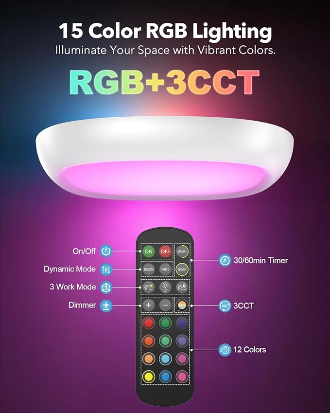 Rechargeable Shower Lights for Inside Shower, 12000mAh Motion Sensor Wireless RGB Ceiling Light with Remote No Wiring, Battery Operated Closet Lights Cordless LED Overhead Lighting for Bathroom