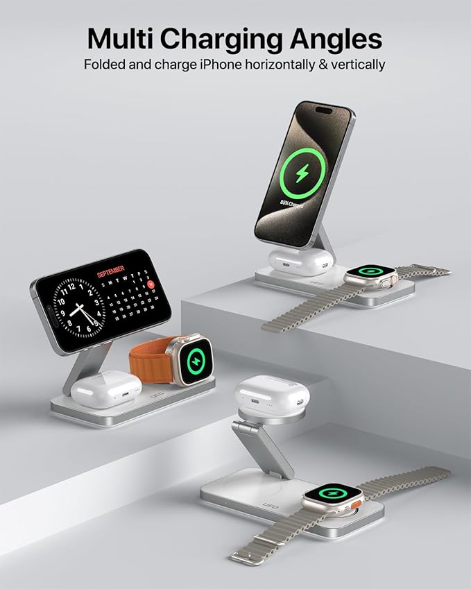 UEQ Foldable 3 in 1 Wireless Charging Station for Apple Compatible with Magsafe Charger Stand,Magnetic Wireless Charger Station for iPhone 17 Air 16 15 14 13 12 Series,Airpods Pro,Apple Watch (White)