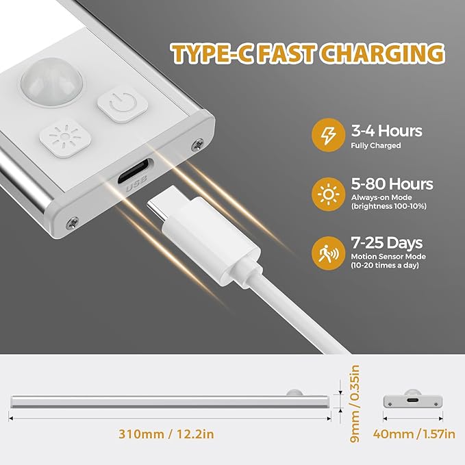 Under Cabinet Lights Motion Sensor 3 Color Temperatures LED Closet Light, USB-C Rechargeable Under Counter Lights Night Light for Kitchen, Wardrobe (Silver - 3 Color, 12.2 Inch - 3 Pack)
