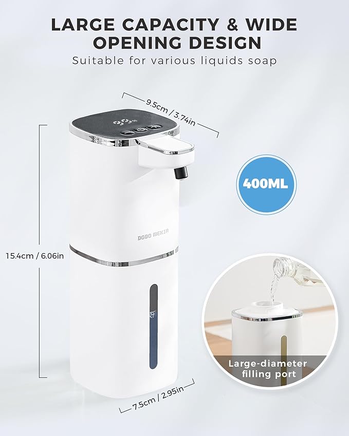 Automatic Foaming Soap Dispenser, 13.5oz/400mL, USB Rechargeable, 9-Adjustable Foam Levels, IPX5 Waterproof, Touchless & Wall/Tabletop Use for Kitchen Bathroom, White