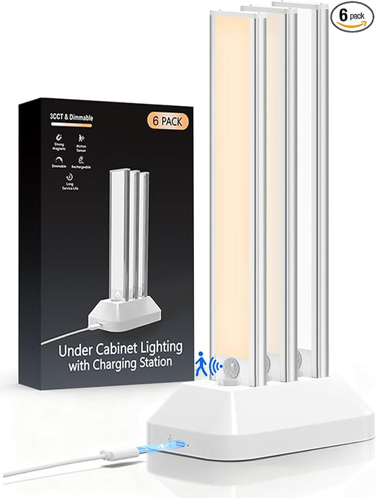 10in Under Cabinet Lighting with Charging Station, 2200mAh Rechargeable Wireless Motion Sensor Lights Indoor,Closet Lights with 3 Color Tempers, Battery Operated Cabinet Lights for Kitchen, 6-Pack