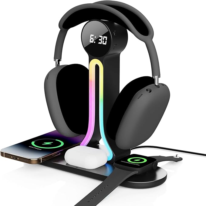 Transform Your Desk – 3-in-1 Wireless Charging Station with Headphone Stand, Dual USB Ports, 15W Fast Charger for Phone/A-irPods/A-pple Watch, RGB Light, LED Alarm Clock – Charge 5 Devices at Once