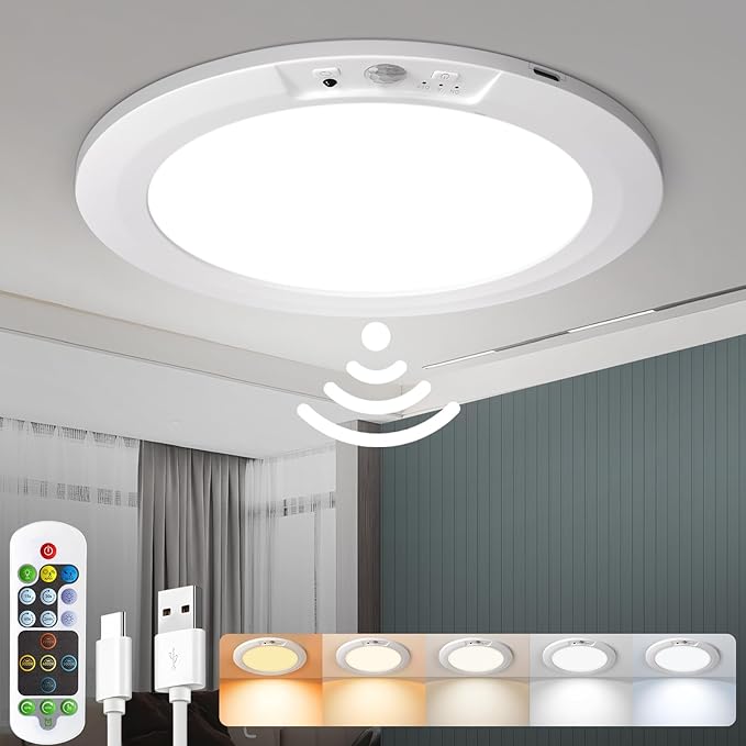 Rechargeable Motion Sensor Ceiling Light with 5 Colors and Remote, Battery Operated LED Shower Light, Magnetic Wireless Closet Light for Bathroom Hallway