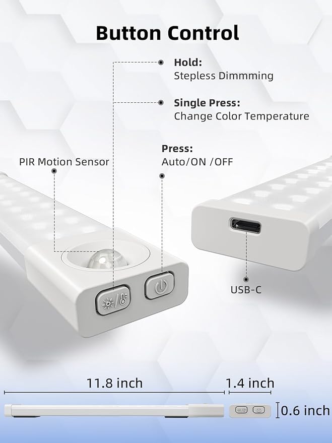 EZVALO Under Cabinet Lighting with Charging Station, 11.8'' Motion Sensor Light Indoor, 1500mAh Rechargeable LED Light, 3 Color Temperatures, Dimmable Counter Lights for Kitchen, Closet, Stair (3Pack)
