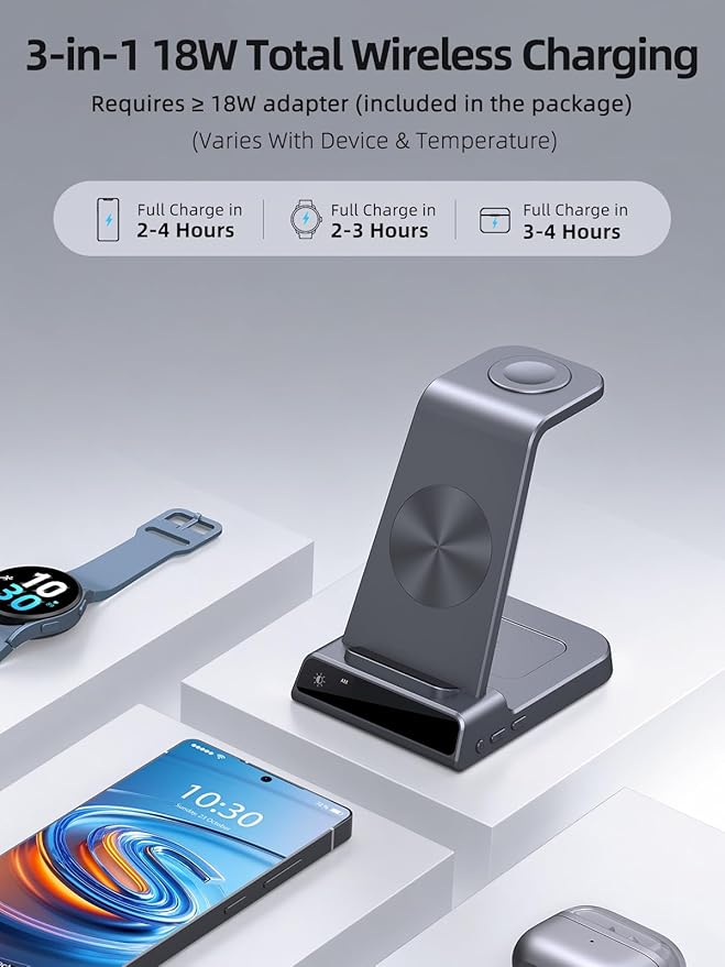 Wireless Charger for Samsung Charging Station: 3 in 1 Android Charging Stand with Dimmable Clock - Nightstand Organizer for Galaxy S25 Ultra, Galaxy Watch 8 7 6 5 4, Galaxy Buds (Not for iWatch)