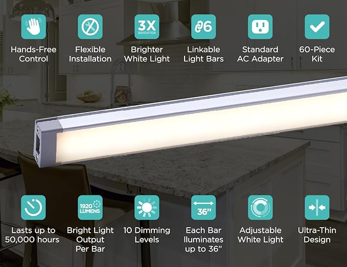 PureOptics LED Under Cabinet Lighting Kit, Motion Sensor, Dimmable, Linkable, 3 Color Settings, Tool-Free, for Kitchen, Pantry, Cabinets, Closets, Office (6) 9" Bars