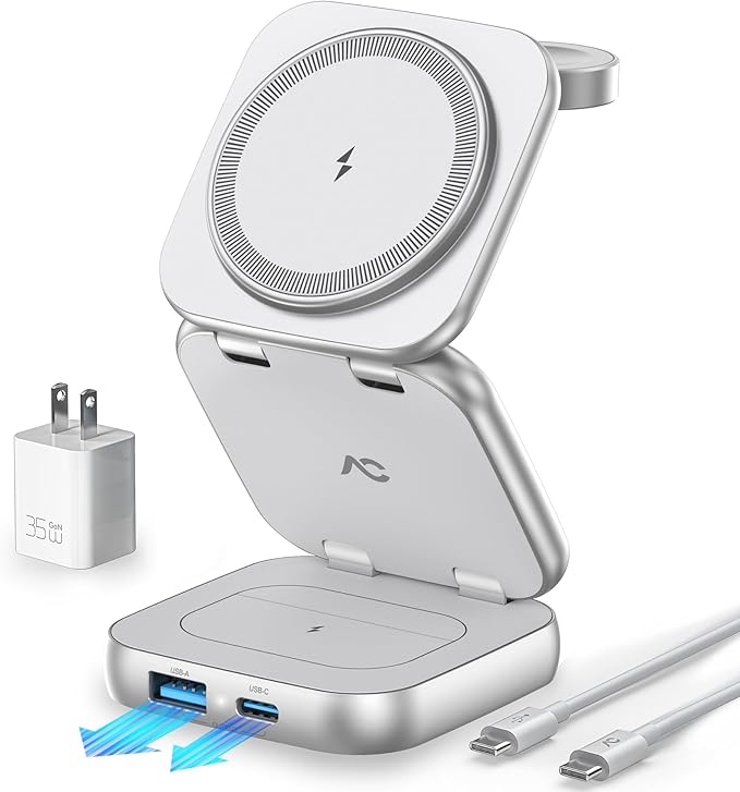 5-in-1 Wireless Charger for MagSafe, AC ISLAND Portable Travel Charging Station, 35W Max Fast Foldable Magnetic Stand, Evolved for iPhone 17-12 & Air Series, Apple Watch, AirPods (with 35W Adapter)
