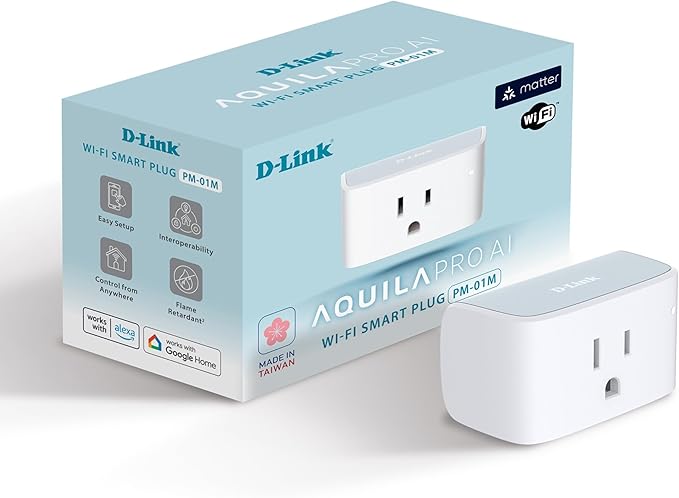 D-Link PM-01M Wi-Fi Smart Plug, Aquila PRO AI & Matter Supported, Compact Design, 15A/1800W Max, Energy Monitoring, Easy Bluetooth Setup, Works with Alexa & Google Home, Flame-Retardant, UL Certified