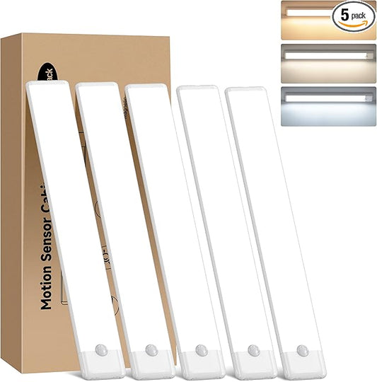 11.8 inch Motion Sensor Under Cabinet Light, 3 Color Temperature Dimmable Rechargeable Magnetic Closet Light Wireless Under Counter Lighting 5-Pack
