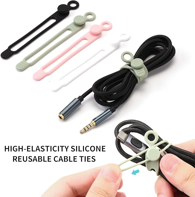 UMUST 20pcs Silicone Cable Ties,Reusable Cable Management Organizer, Wire Ties，Travel Cord Ties，Cord Organizer for Bundling Cable Cords in Home,Office,Kitchen,School(White Black)