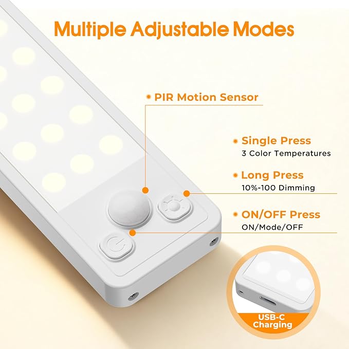 Under Cabinet Rechargeable Dimmable Lighting: 3 Color Temperature Motion Sensor Lights Indoor - Battery Operated Lights - Activated Closet Magnetic Wireless Led Light for Kitchen Home Bathroom 5 Pack