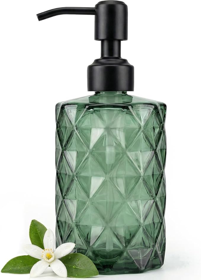 JASAI Forest Green Glass Soap Dispenser with Black Rustproof Pump, Refillable Small Soap Dispenser for Kitchen and Bathroom.