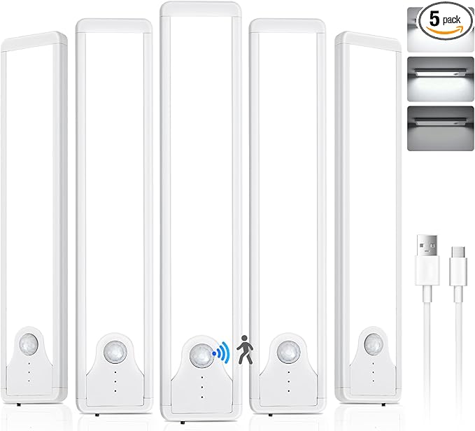 Pak Under Cabinet Lighting, 5 Pack 8 Inch 41 LED Motion Sensor Lights, Rechargeable Battery Operated Closet Light, Wireless Magnetic Dimmable 6500K Daylight White Under Counter Lights for Kitchen
