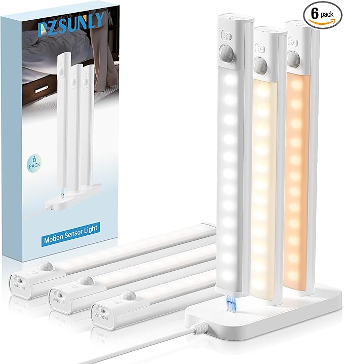 Under Cabinet Lighting with Charging Station,Rechargeable Motion Sensor Light Indoor,LED Closet Lights,3 Colors Dimmable,Magnetic for Kitchen,Wardrobe,Bedroom,Drawer 6Pack