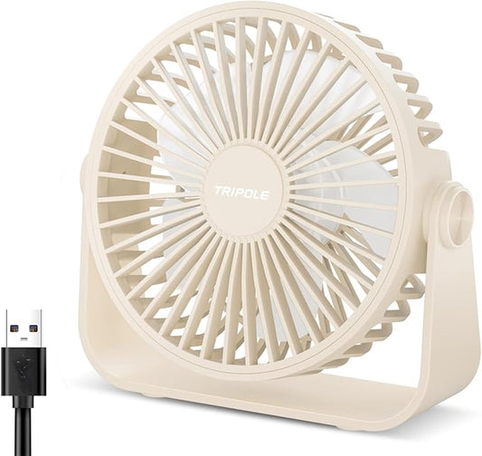 TriPole USB Desk Fan Portable Mini Fan Powerful 3 Speeds Wind Personal Desktop Fan with 360° Head Rotation for Home Office Car Indoor Outdoor Beige, No Battery, 4.5 Inches