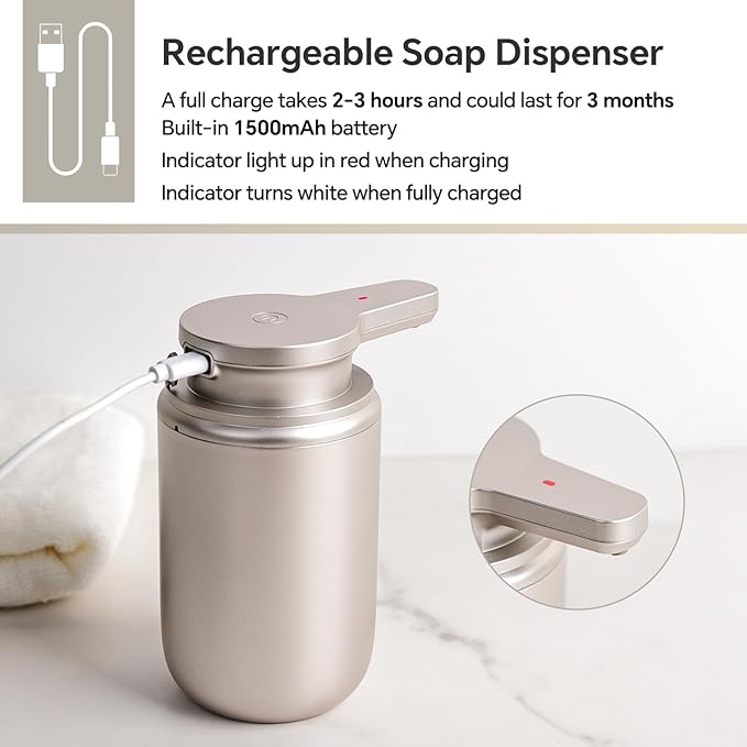 LAOPAO Automatic Liquid Soap Dispenser, Touchless Hand Soap Dispenser for Bathroom Kitchen ABS Rechargeable Soap Pump 10oz, Xmas Gift, Light Silver Plastic