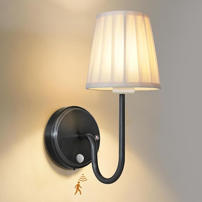 Battery Operated Motion Sensor Wall Sconce, Rechargeable Wireless Black Wall Lamp with 5200mAh Battery, Dimmable Wall Sconce Light with Switch and Remote for Living Room, Bedroom, Hallway
