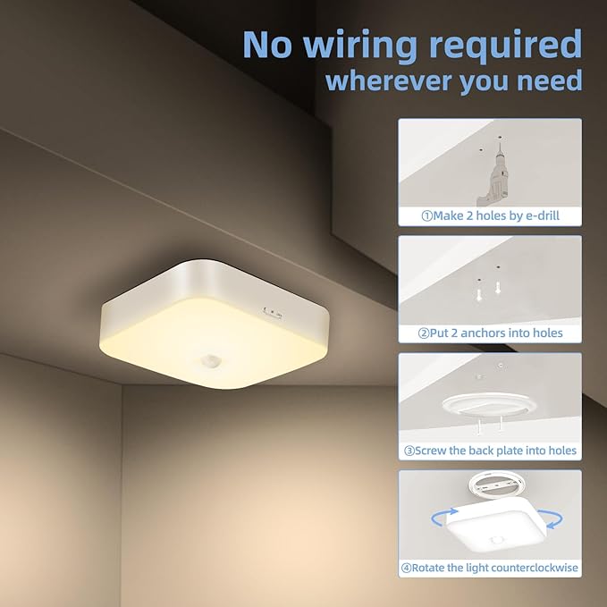WhitePoplar Wireless Motion Sensor Light - 500LM Battery Operated Closet & Shower Light, 3000K Warm, Indoor/Outdoor for Closet, Shower, Porch, Hallway, Garage