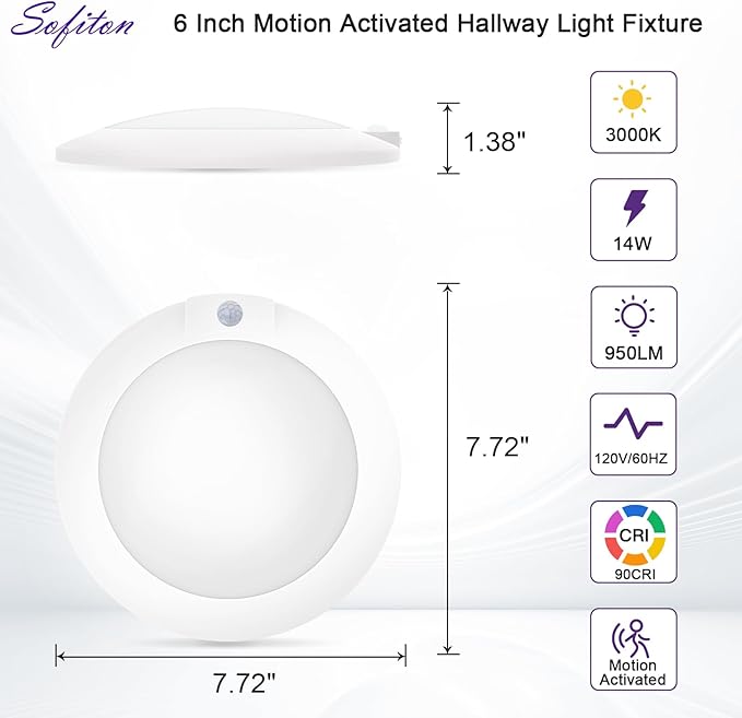 6 Inch Motion Sensor Ceiling Light Indoor, 14W 3000K Wired LED Disk Lights, CRI90+, 950LM, ETL Certified, Wet Location, Motion Activated Light for Closets, Hallway, Entryway, Stairs, 1Pack