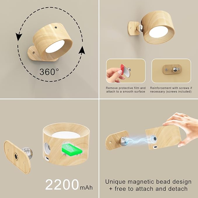 Deyagoo 3PACK Romote LED Wall Sconce - Rechargeable Wall Light, 3 Colors & 3 Brightness Levels, 360° Magnetic Rotating Head, Bedside Reading Lamp, Easy Install Battery Operated Lamp Wood