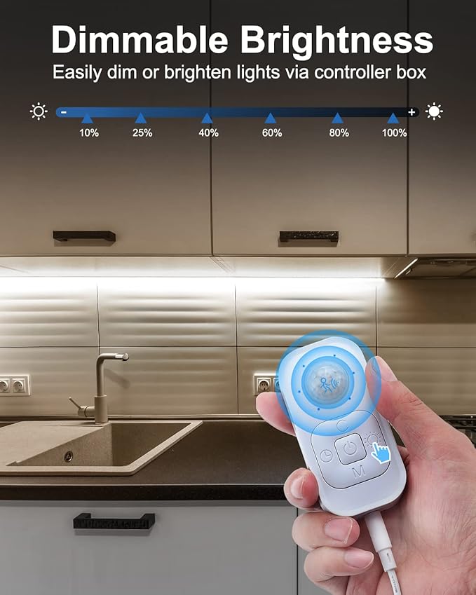 Motion Sensor LED Strip Light - Cabinet Strip Lights with 24W Plug, Dimmer and Timing, Indoor Light Strips for Kitchen Cabinets, Stair, Under Bed, Showcase, Bedroom, 9.84ft 6000K ColdWhite