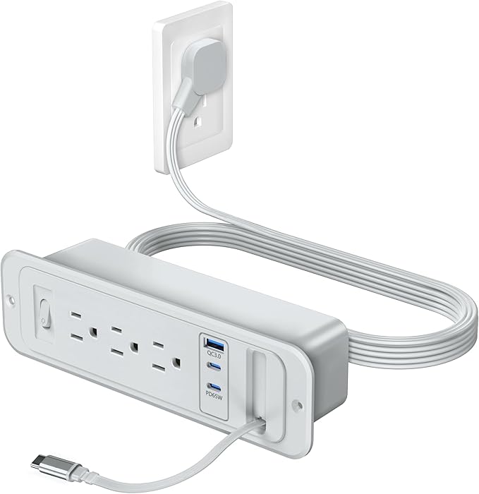 Recessed Power Strip with Retractable USB C Cable,2 PD 65W USB C Fast Charging,Flush Mount Countertop Drawer Outlet, Furniture Hidden Outlet for Side Table,End Table,3 Outlets (Grey, 6FT-65W)